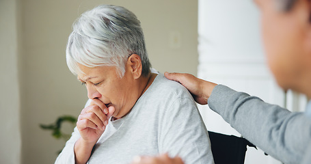 Image showing Senior, woman and cough sick support or husband hug in home for concern, empathy or winter virus. Old person, man and comfort for bacteria infection or flu disease retirement or allergy, risk in pain