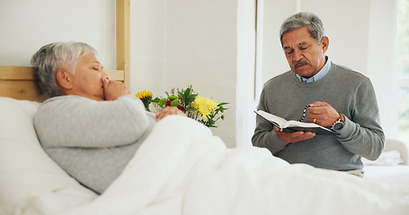 Image showing Woman, bed and illness or person prayer for wellbeing on bible or rosary for god hope, belief for help. Mexican couple, sick wife and man book for religion support or faith worship, health or miracle