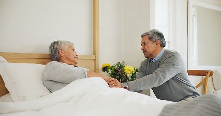 Image showing Wife, bedroom and man sick support for concern comfort or disease illness, virus infection or injury. Woman, husband and hand holding in home for health wellness fear or risk healing, couple as sad