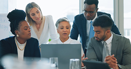 Image showing Business people, laptop and meeting in diversity for teamwork, collaboration or planning at office. Group of employees on computer for team strategy, project plan or discussion together at workplace