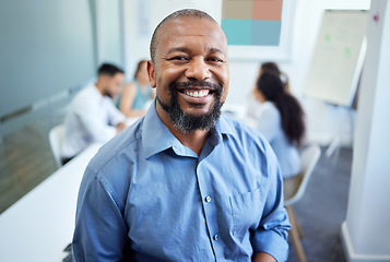 Image showing Meeting, teamwork and portrait of business black man for conversation, collaboration and discussion. Corporate, company and face of person with staff for leadership, planning and project feedback