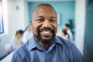 Image showing Happy, meeting and portrait of business black man for teamwork, smile and discussion. Corporate office, company and face of person with staff for collaboration, planning and project feedback