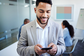 Image showing Business man, phone and typing in office meeting, happy and email notification for deal, networking and company. Accountant, smartphone and smile in boardroom with typing, fintech and thinking at job