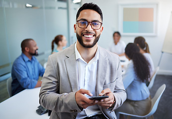 Image showing Business man, phone and portrait in meeting room, happy or email notification for deal, networking or company. Accountant, smartphone and smile in boardroom with typing, fintech and pride at office