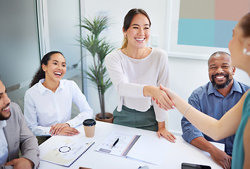 Image showing Business people, handshake and finance meeting in team for promotion, onboarding or welcome to company. Asian woman, shaking hands or happy for congratulations, hiring or thank you with deal in group