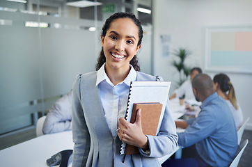 Image showing Happy business woman, portrait and documents in meeting for management or leadership at office. Face of female person, manager or employee smile with paperwork for team agenda or tasks in boardroom