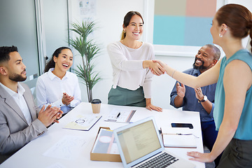 Image showing Business people, handshake and meeting applause for partnership, onboarding and thank you or congratulations. Happy manager or b2b clients shaking hands in deal, marketing agreement and team clapping