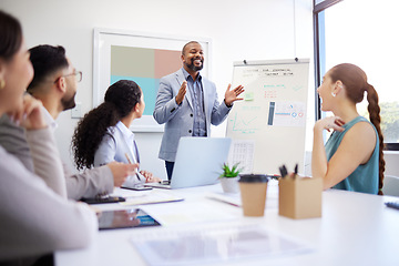 Image showing Development, training and presentation with black man in meeting for strategy and progress in startup. Business growth, coach and businessman teaching staff about planning, profit or economy analysis
