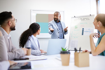 Image showing Presentation whiteboard, business people meeting and black man speech, report or teaching group, team or clients. Strategy planning, gesture or speaker explain project to listening professional staff