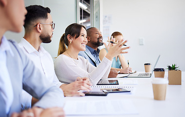 Image showing Seminar, professional people and happy woman, audience or board of director explain project report, strategy or sales pitch. Row, trade show and conference crowd smile at group convention meeting