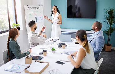 Image showing Presentation whiteboard, group meeting or corporate woman speech, brainstorming and team learning business strategy. Collaboration proposal, economy plan or leader consulting with professional people