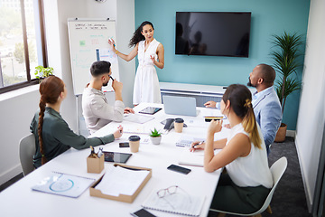 Image showing Presentation whiteboard, group and corporate woman speech, brainstorming and team meeting for report information. Collaboration proposal, workshop mentor or leader consulting with professional people