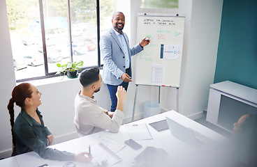 Image showing Development, training and black man with presentation in meeting for strategy for progress in startup. Business growth, coach and businessman teaching staff about planning, profit or economy analysis