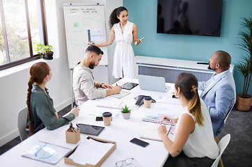 Image showing Presentation whiteboard, group meeting and business woman speech, report or teaching workforce, team or clients. Strategy cooperation, conversation and boss speaking to listening professional people