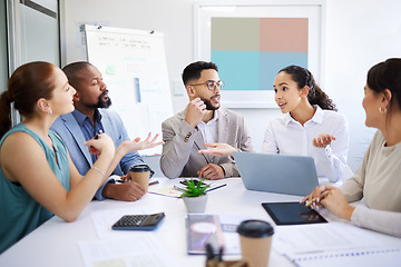 Image showing Business people, manager and collaboration in meeting for marketing ideas, planning and startup project on laptop. Professional women, men or employees with questions, teamwork and group proposal