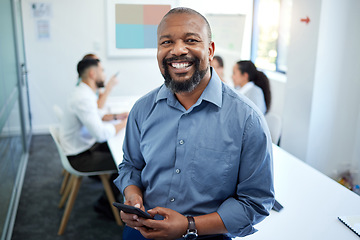 Image showing Phone, meeting and portrait of business black man for conversation, collaboration and discussion. Corporate office, teamwork and person with staff on smartphone for internet, research and website