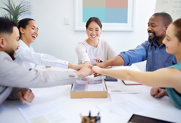 Image showing Business people, office and group for fist bump, smile or together for teamwork, diversity or finance goal. Men, women or hands sign for solidarity, documents or happy in circle at accounting agency