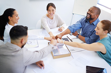 Image showing Business people, office and group for fist bump, happy or together for teamwork, diversity or finance goal. Men, women or hands sign for solidarity, support or top view of circle at accounting agency