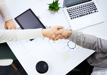 Image showing Client meeting, top view people and hand shake for negotiation success, B2B deal or company acquisition. Business, welcome introduction and partner agreement, cooperation and handshake for promotion