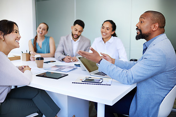 Image showing Business people, manager and teamwork in meeting for marketing ideas, planning and startup project. Professional boss and employees with questions, feedback and happy proposal or talking in an office