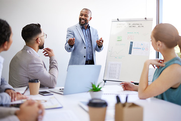 Image showing Business growth, training and black man with presentation in meeting for strategy for startup progress. Businessman, coach or teaching staff about planning, profit or economy analysis on whiteboard