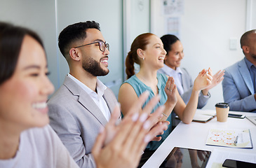 Image showing Seminar, business people and audience celebration, applause and praise project report, presentation speech or ideas. Happy, goals achievement or conference crowd clapping for group convention success