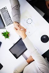 Image showing Client meeting, top view people and shaking hands for investment success, b2b contract deal or company acquisition. Business, teamwork and partner agreement, welcome or handshake in HR job interview