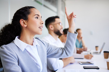 Image showing Conference woman, business people and hand raised to ask questions about presentation, proposal plan or client sales pitch. Convention group, tradeshow crowd and employee engagement, feedback or vote