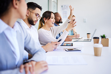 Image showing Seminar business people, happy woman and hand raised to answer, ask or question corporate deal, sales idea or office workshop. Group row, board of director and employee engagement on trade show plan