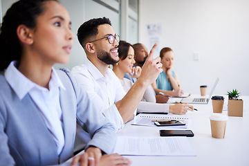 Image showing Conference man, business people and hand raised to ask question about corporate deal, proposal idea or client sales pitch. Group, tradeshow audience and employee engagement, feedback or vote for plan