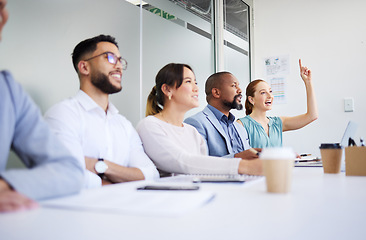 Image showing Seminar row, business people and woman question project, financial investment or planning company strategy. Ask, audience answer and employee engagement, discussion or hand raised at staff conference