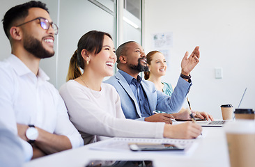 Image showing Seminar row, happy business people and listening to project, financial investment or planning community strategy. Group, audience and employee engagement, discussion or asking questions at conference