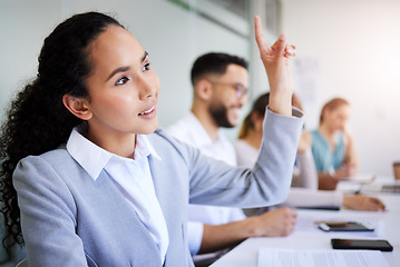 Image showing Seminar woman, business people and hand raised to ask questions about project report, presentation speech or sales pitch. Row, tradeshow crowd and group employee engagement at conference convention