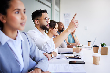 Image showing Seminar man, business people and hand raised to answer, ask or question corporate deal, sales idea or investment pitch. Group row, convention crowd and employee engagement, feedback or vote for plan