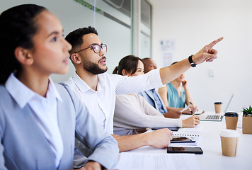 Image showing Seminar man, business people audience and pointing at project report, presentation info or asking questions. Employee engagement, trade show and conference crowd feedback on group convention meeting