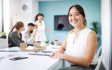 Image showing Office, meeting and portrait of business Asian woman for conversation, collaboration and discussion. Corporate, company and face of person with staff for teamwork, planning and project feedback