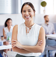 Image showing Businesswoman, office and portrait with arms crossed, leader and company staff. Corporate, hr manager and happy with meeting, professional and worker for management, career and smile with pride