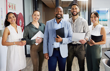 Image showing Portrait, diversity and collaboration with a business team in the office for management or leadership. Corporate, smile or happy with an employee group of men and women in the workplace together