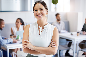 Image showing Businesswoman, office and portrait with arms crossed, employees and company staff. Corporate, hr manager and happy with meeting, professional and worker for management, career and smile with pride