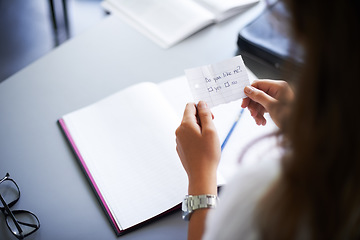 Image showing Secret, note and student with love letter in class at high school with girl and social communication. Hand, paper and teenager with checklist, information or romantic question in classroom from crush