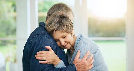 Image showing Senior couple, hug or happy for love with care, loyalty or commitment in retirement in family home. Mature man, woman or marriage gratitude in bonding together in trust, relax wellness or apartment