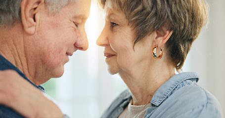 Image showing Senior man, woman or hug for love in support, loyalty or commitment in retirement in family home. Mature people, marriage or gratitude for bonding together with trust, relax or wellness in apartment