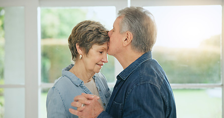 Image showing Love, forehead kiss and mature couple affection, holding hands and bonding together on home spouse date. Romantic wellness, Canada and relax old man, woman or marriage people with relationship care