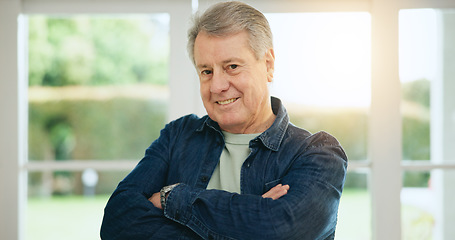 Image showing Senior man, portrait and arms crossed in home for confident, pride in retirement with wellness. Mature person, happy and face of gratitude for trust, positive and satisfaction for relax in apartment