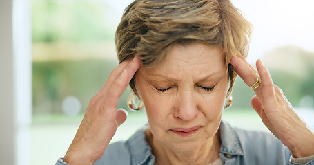 Image showing Frustrated senior woman, headache and mistake in stress, burnout or anxiety and depression at home. Closeup of mature female person with migraine, pain or sore head in mental health or fail at house