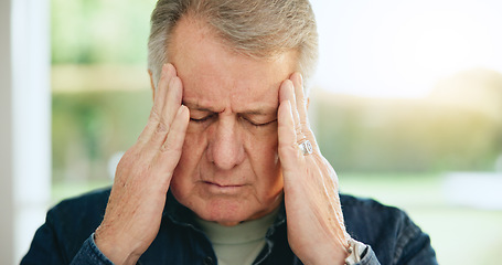 Image showing Stress, headache or old man in home with burnout, worry or fatigue in retirement frustrated by debt. Depression anxiety, face or tired elderly person with problem, crisis or head pain with migraine