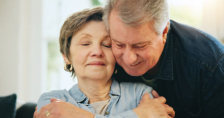 Image showing Face, home and mature couple hug, retirement affection and husband embrace wife, spouse or relax marriage partner. Romance, love and sweet elderly man, senior woman or old people hugging in Australia