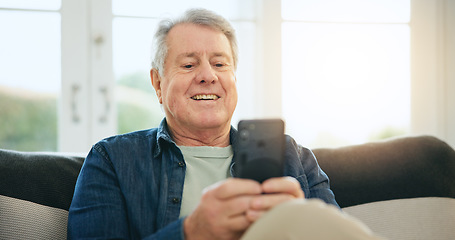 Image showing Happy senior man, phone and social media on sofa in relax for communication or networking at home. Mature male person smile on mobile smartphone for online chatting, texting or search at house