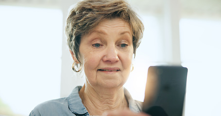 Image showing Phone, surprise or senior woman on social media in home for communication or news on internet. Wow, face or elderly lady on mobile app to search, relax or scroll online in living room in retirement