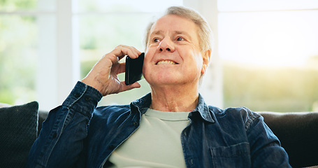 Image showing Senior man, happy or phone call in home talking or speaking in living room for communication. Smile, mobile or elderly male person in conversation to relax on lounge couch or sofa in house alone